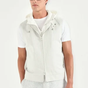 Ice grey linen and cotton hooded vest - Made in Italy