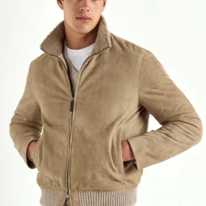 Taupe suede bomber with shearling collar - Made in Italy