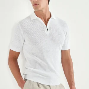 White ribbed zipped polo - Made in Italy