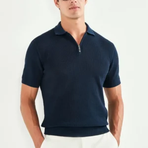 Blue ribbed zipped polo - Made in Italy