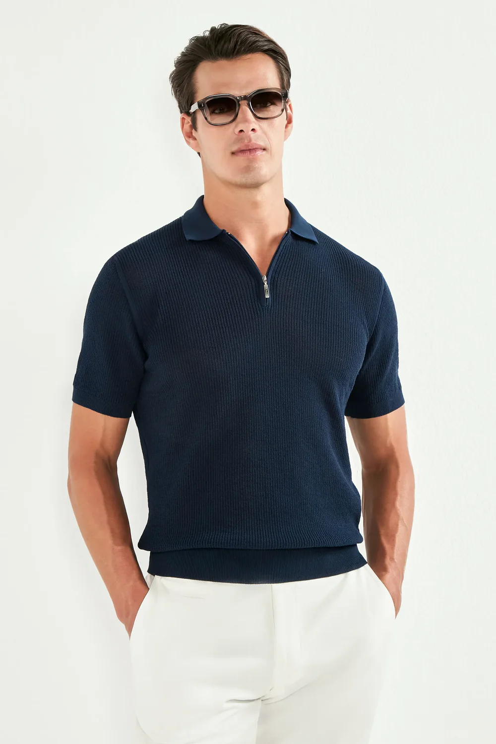 Blue ribbed zipped polo - Made in Italy