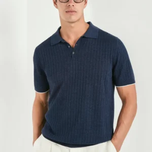 Blue cotton and linen ribbed polo - Made in Italy
