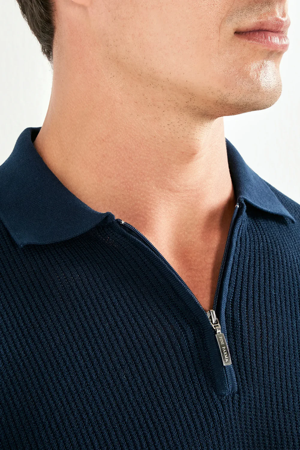 Blue ribbed zipped polo - Made in Italy - Image 3